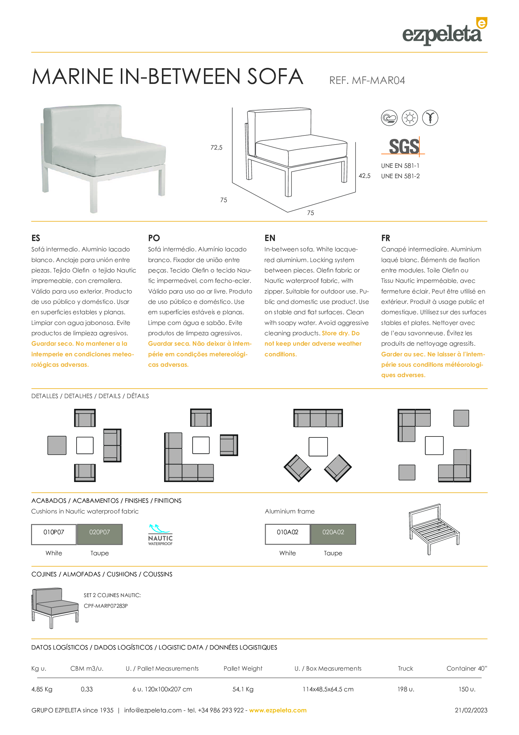 Canapé intermédiaire EZPELETA MARINE tissu toile nautique DBE85
